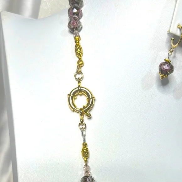 Artisan Purple and Gold Lampwork Necklace with Elegant Inner Flower Design Set - Picture 5 of 5